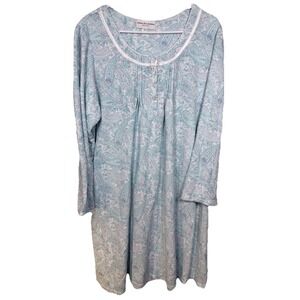 Miss Elaine Plus Size 1X Nightgown Blue Long‎  Sleeve Smocked Blue Paisley Lace
